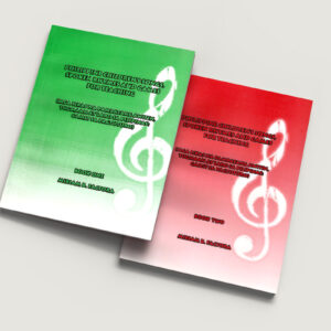 Two books with cover title "Philippine Children's Songs, Spoken Rhymes and Games for Teaching: Books One and Two" by Miriam B. Factora, Ph.D., one with a gradient green background and the other with a gradient red background both covers with white treble clef on them.